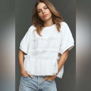 Maeve Short-Sleeve Smocked Ruffled White T Shirt Size Small NWT